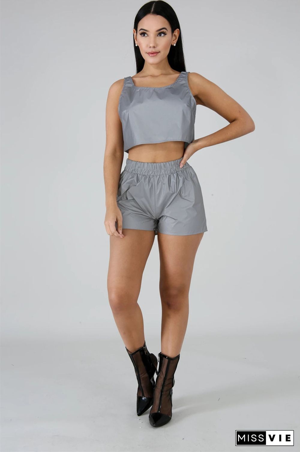 Reflective Sleeveless Crop Top Biker Shorts Sweat Suit