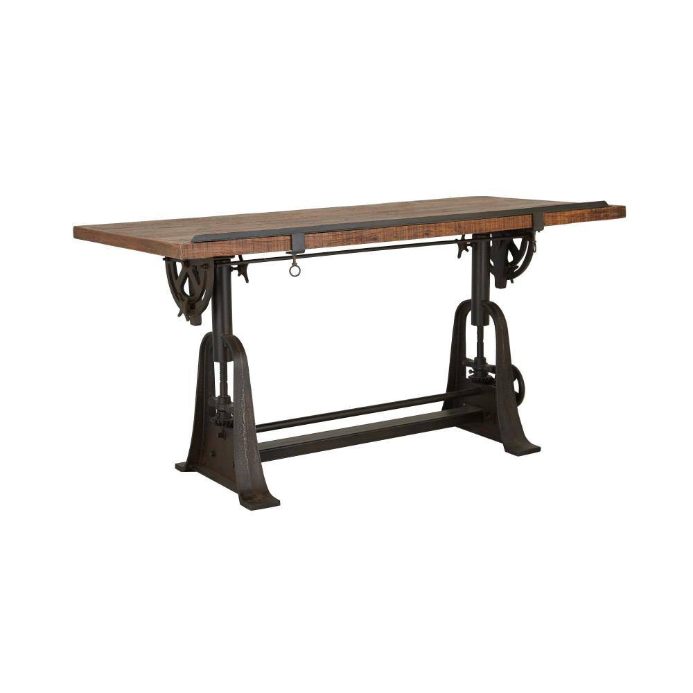 Litton Lane 30 in. Rectangle Brown Teak Wood Drafting Style Computer Desk with Tilting Top and Crank Height Adjustment 88586