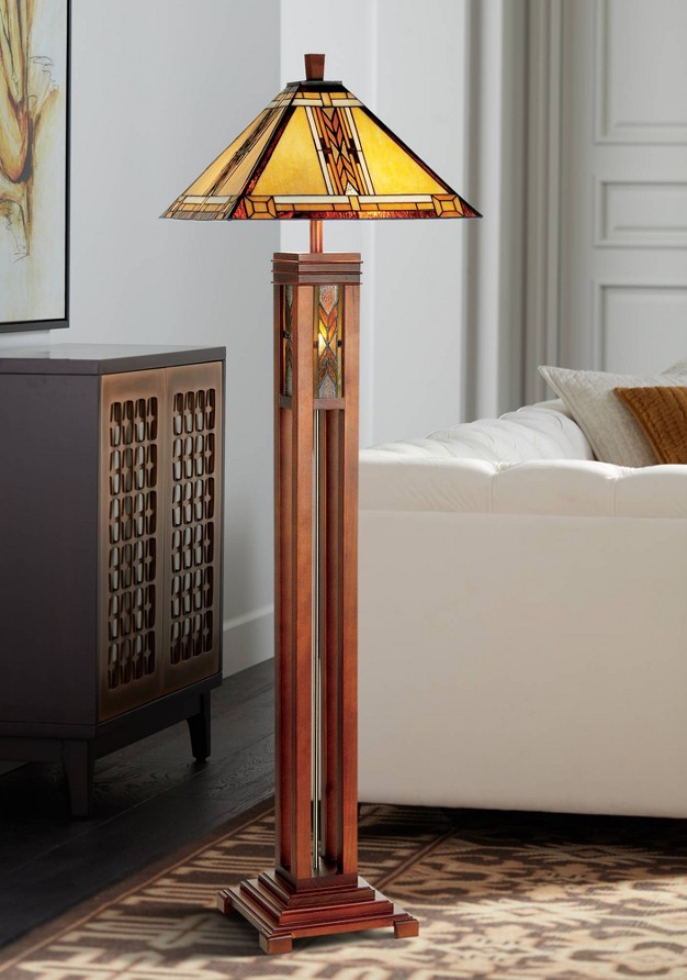 Tall Walnut Wood Column With Nightlight Wheat Stained Glass Shade For Living Room Bedroom House