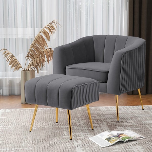 Modern Velvet Barrel Arm Accent Chair with Ottoman