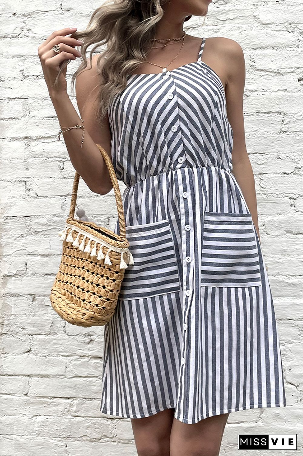 Grey Striped Print Sleeveless Linen Dress with Pockets Wholesale