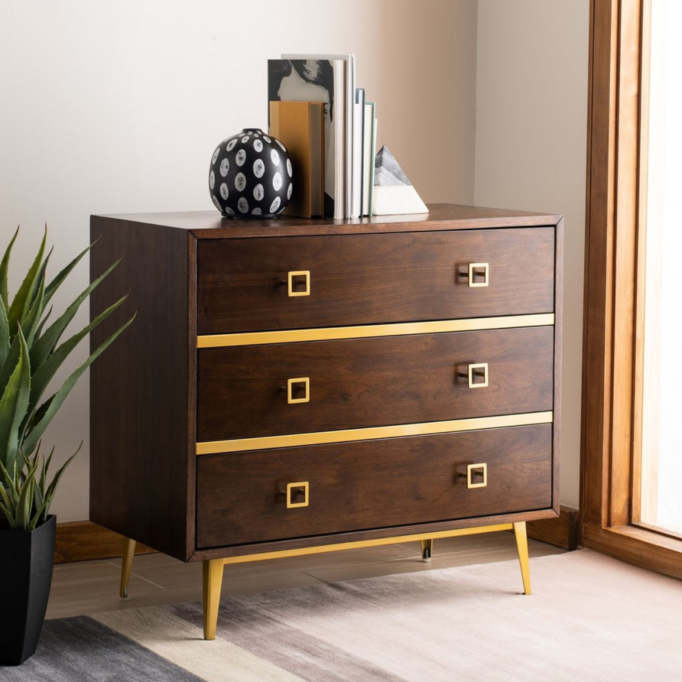 Gina 3 Drawer Chest Walnut/Gold   Midcentury   Accent Chests And Cabinets   by V.S.D Furniture  Houzz