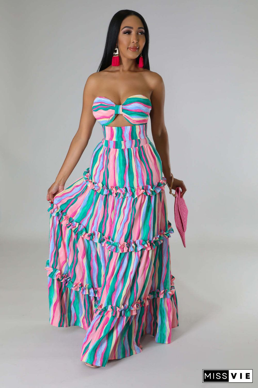 Stripe Print Strapless Bra Maxi Skirts Two Piece Set