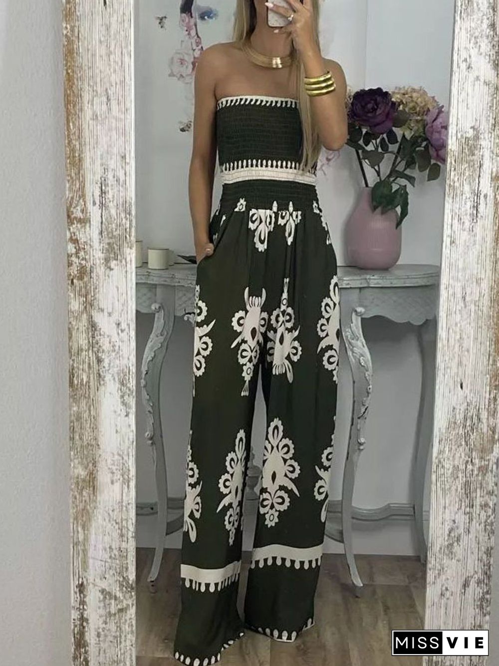 Sexy printed chest wrap jumpsuit feminine