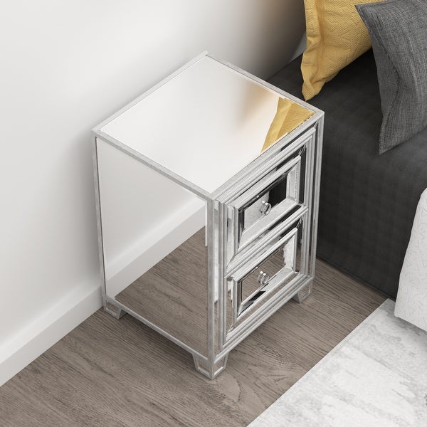 Mirrored Nightstand with 2 Drawers， Silver Side Table， Antique Painted End Table for Bedroom Living Room - - 37569442