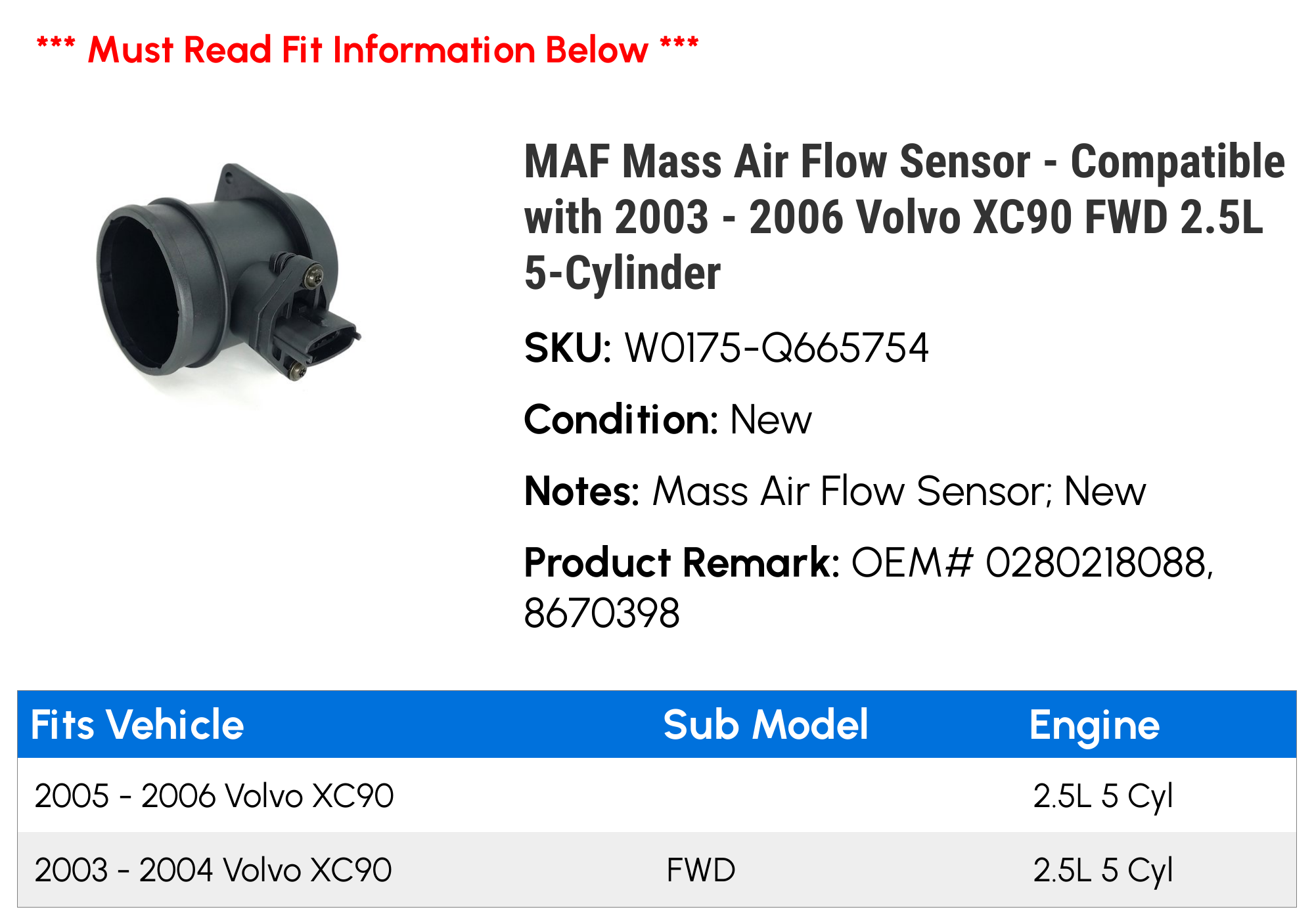 MAF Mass Air Flow Sensor - Compatible with 2003 - 2006 Volvo XC90 FWD 2.5L 5-Cylinder 2004 2005