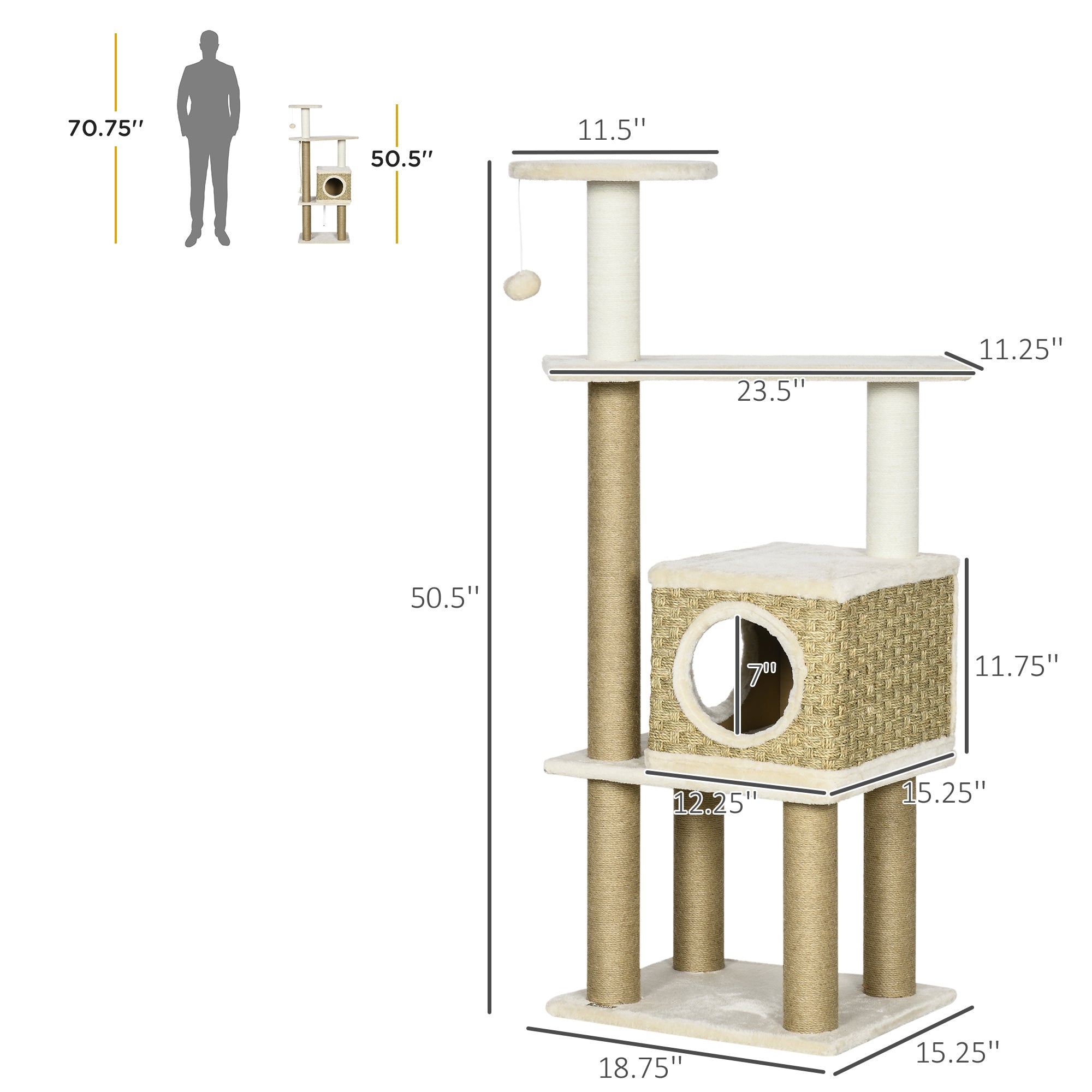 PawHut Modern Cat Tree with Scratching Posts and Rattan Cat House, Small Cat Tower for Indoor Cat Furniture, Beige