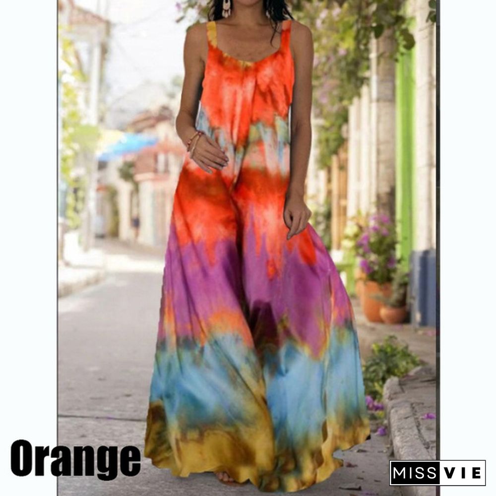 New Women Fashion V Neck Boho Loose Printing Swing Sling Summer Beach Sleeveless Off-the-shoulder Mopping Dress