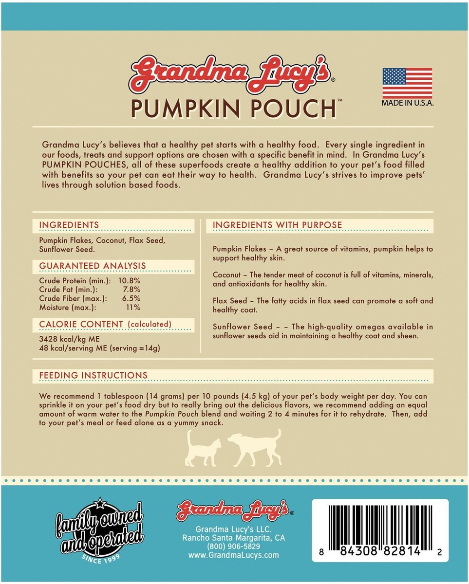 Grandma Lucy's Pumpkin Pouch Skin and Coat Freeze-Dried Dog and Cat Food Topper， 6-oz bag