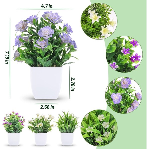 4 Packs Small Fake Plants Mini Artificial Faux Plants with Flowers