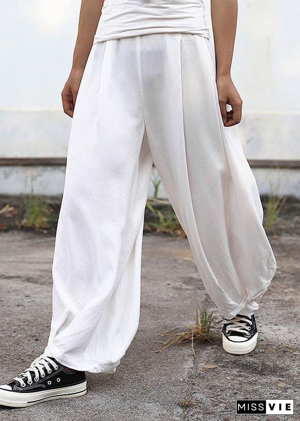 2019 fall women silk linen pants plus size white wide leg pants