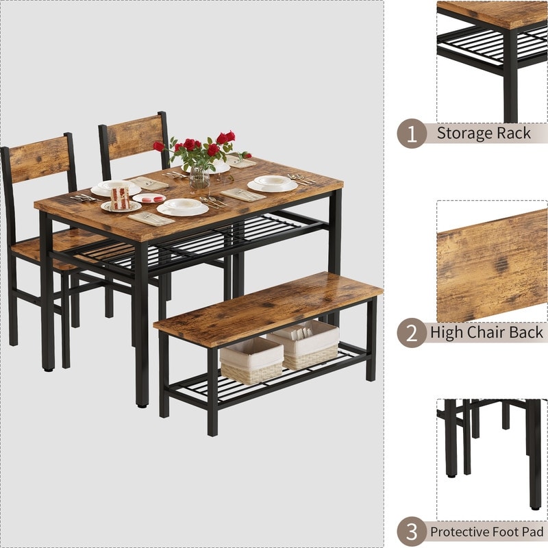 Industrial Dining Table Set for 4  4 Piece Kitchen Table with Bench and Chairs  Rustic Dining Set with Storage Rack