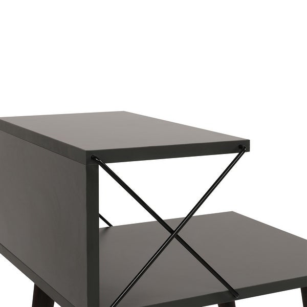 22 Inch Rectangular 2 Tier Wood Nightstand Side Table， Crossed Metal Bar Frame， Angled Legs， Charcoal Gray， Brown