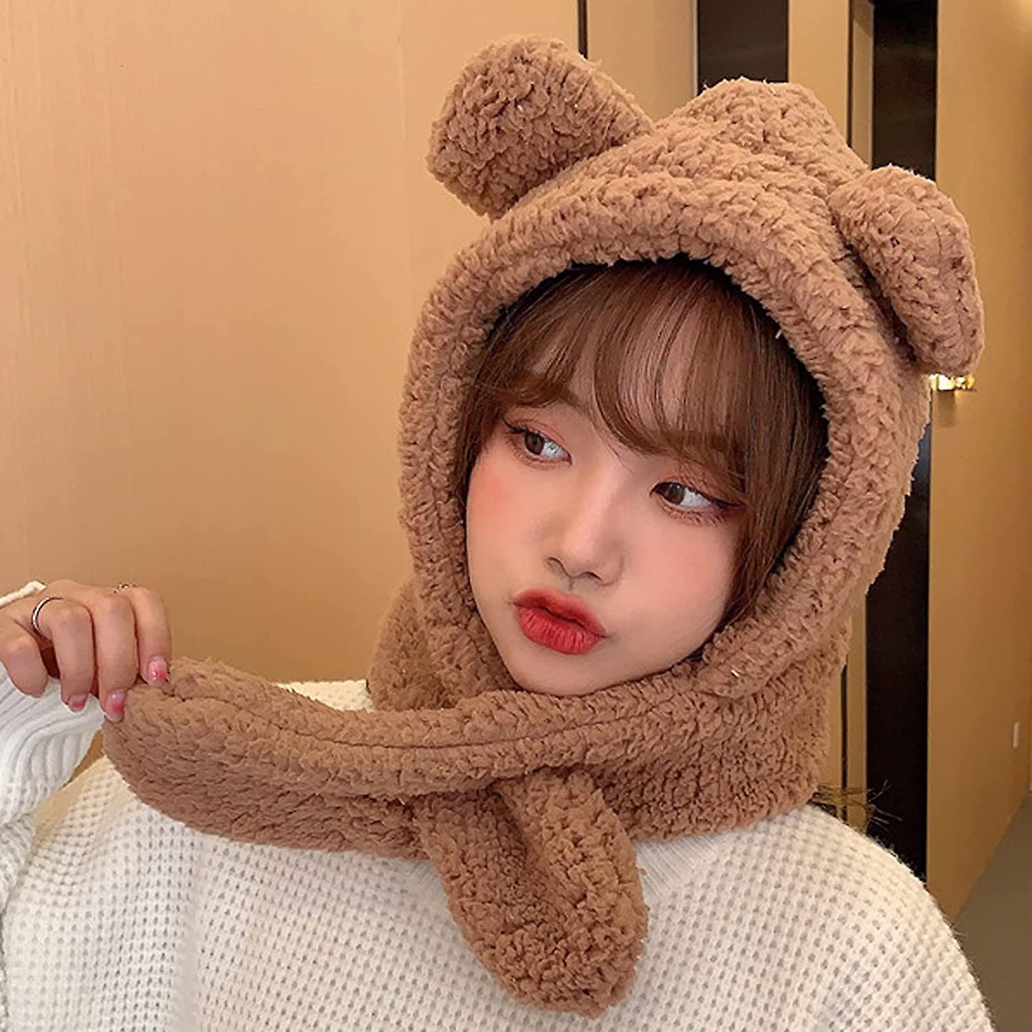 Winter Hats Bear Cap And Scarf 2 In 1 Cute Cartoon Thick Hat Protectors Warm Plush Hat Cap Women Girl Hat Brown One Size