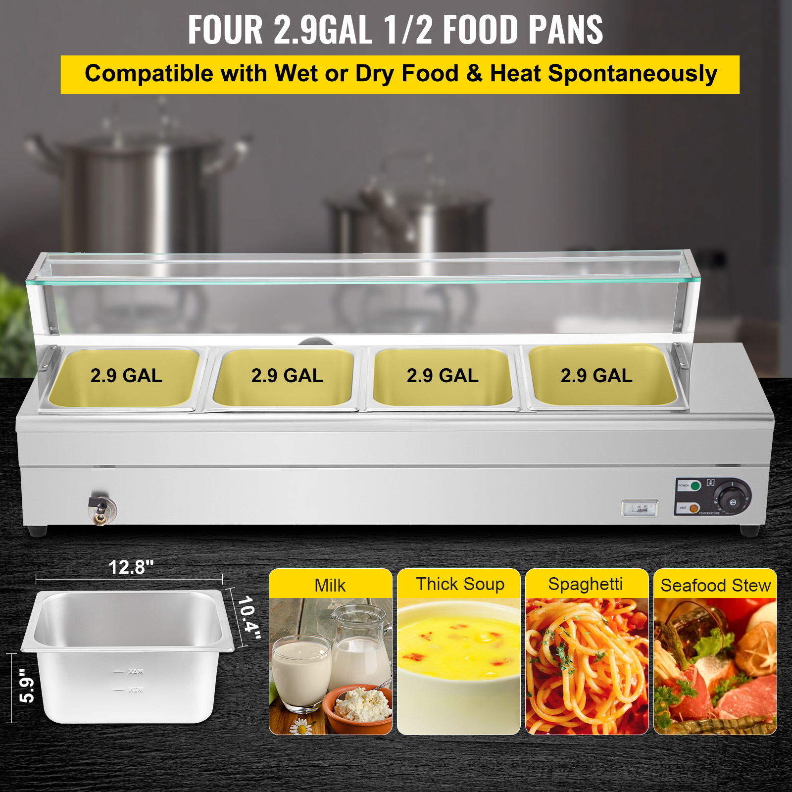 VEVORbrand Bain Marie Food Warmer 4 Pan x 1/2 GN， Food Grade Stainelss Steel Commercial Food Steam Table 6-Inch Deep， 1500W Electric Countertop Food Warmer 44 Quart with Tempered Glass Shield