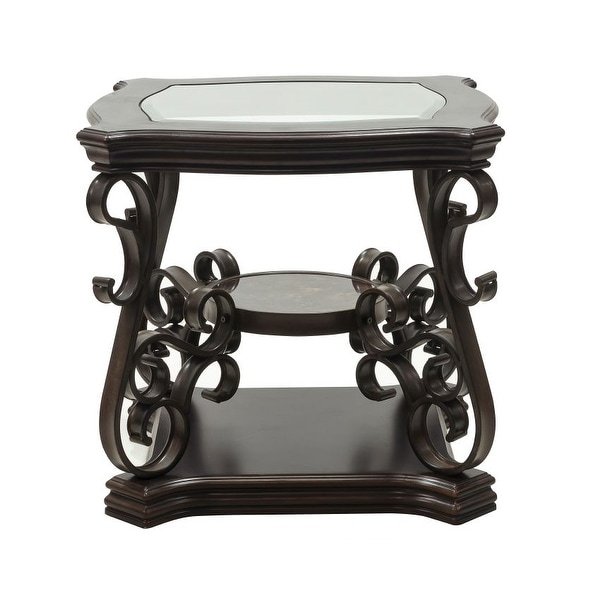 End table， Glass table top， MDF W/marble paper middle shelf， powder coat finish metal legs