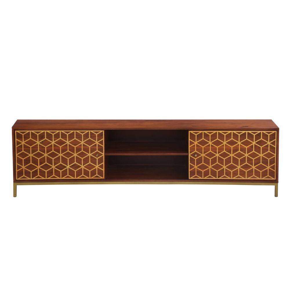 THE URBAN PORT Kalyn Brown and Brass Acacia Wood Handcrafted TV Media Console Entertainment Center Fits TVs up to 78 in. with 2 Doors UPT-276810