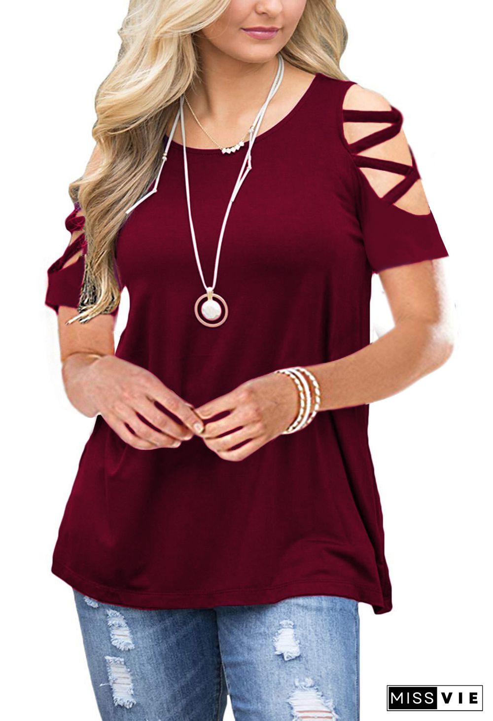 Loose Solid Color Hollow Out Tee