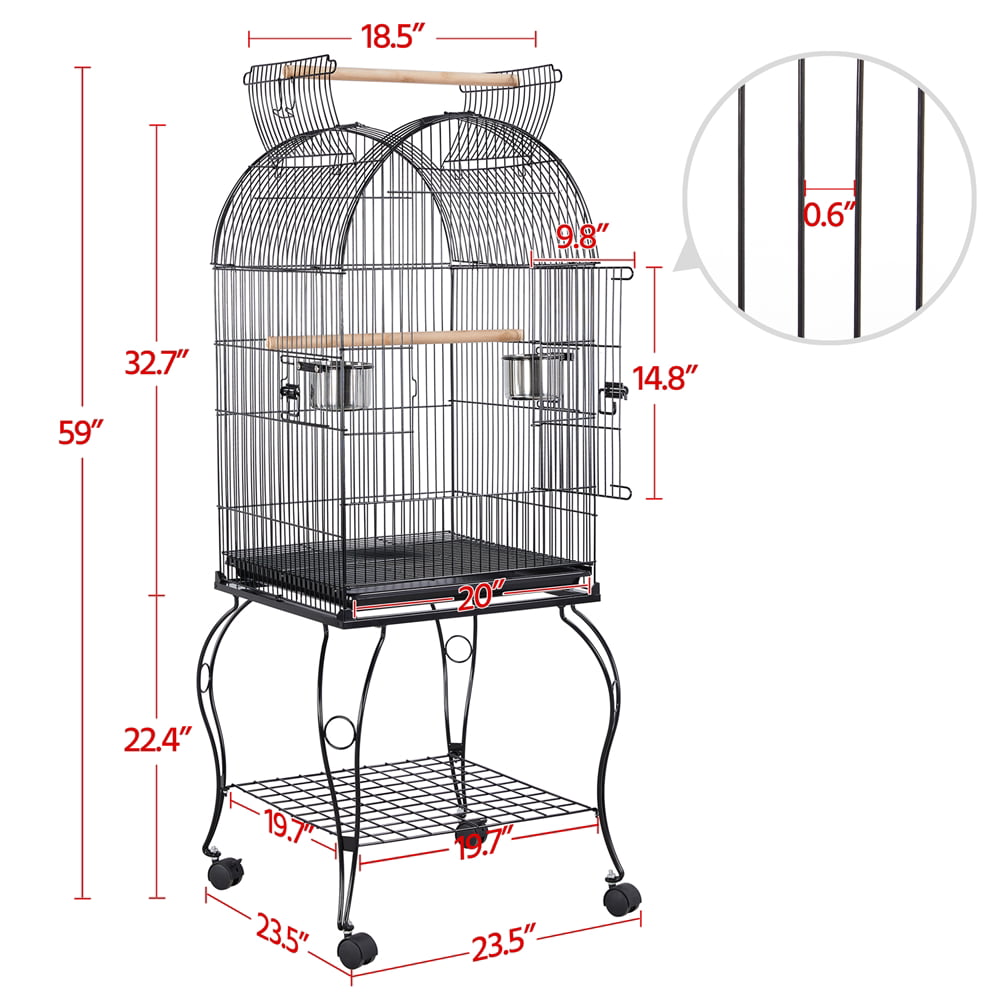 Easyfashion Rolling Metal Parrot Cage with Open Top For Small Birds， Black， 59