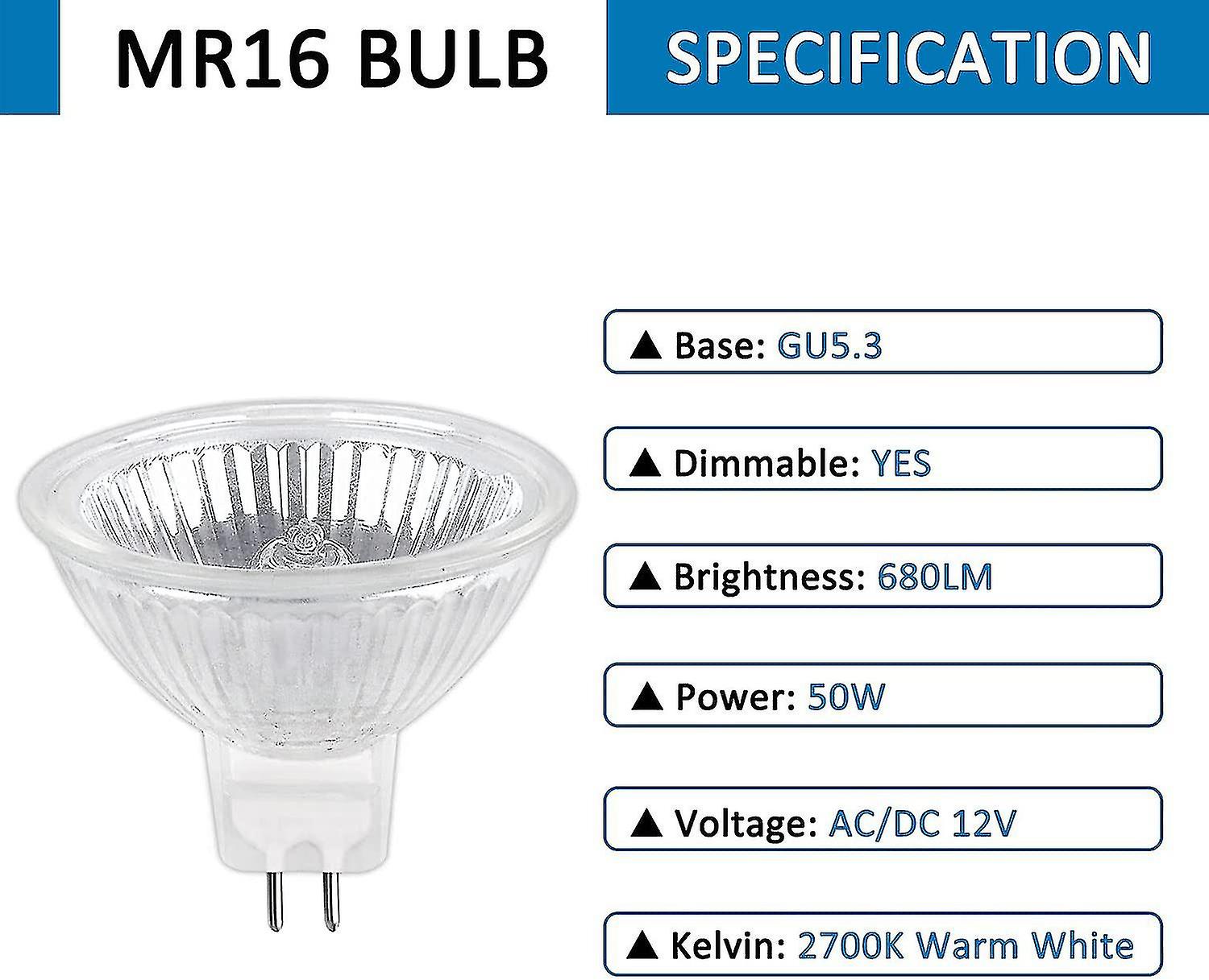 Halogen Bulb Gu5.3 50w 12v， 800lm Warm White 2700k Dimmable， Halogen Spotlight Bulb Mr16， Pack Of 6