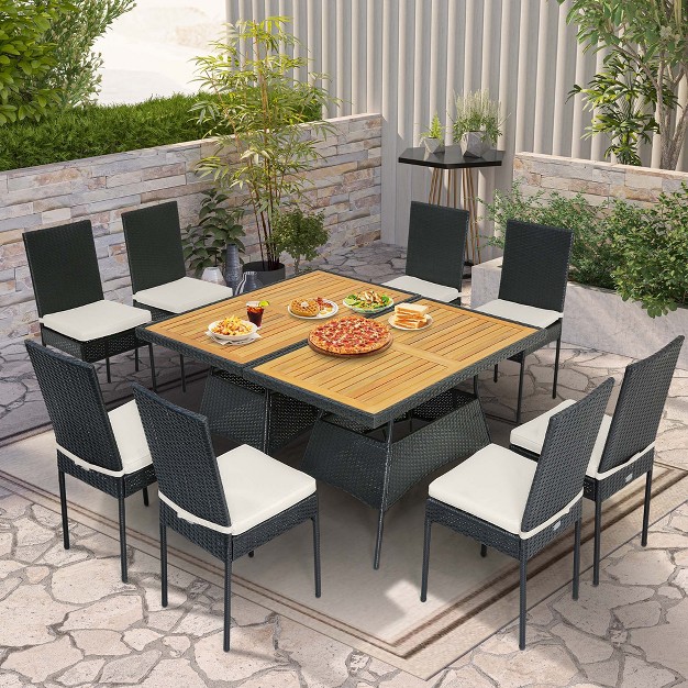 Costway 10 Pcs Patio Rattan Dining Set Rectangular Wood Top Tables Cushioned Chair Garden