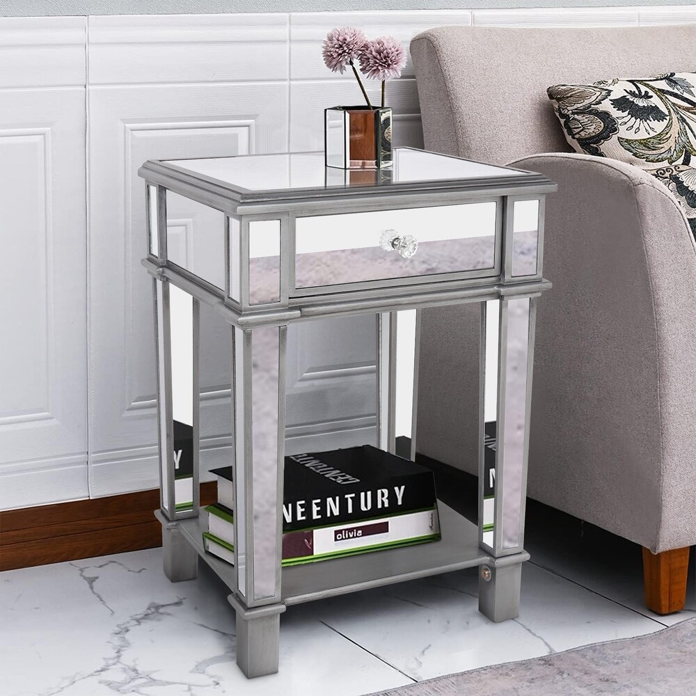 Mirrored Nightstand Drawer Glass Side End Table Silver Dresser Bedroom