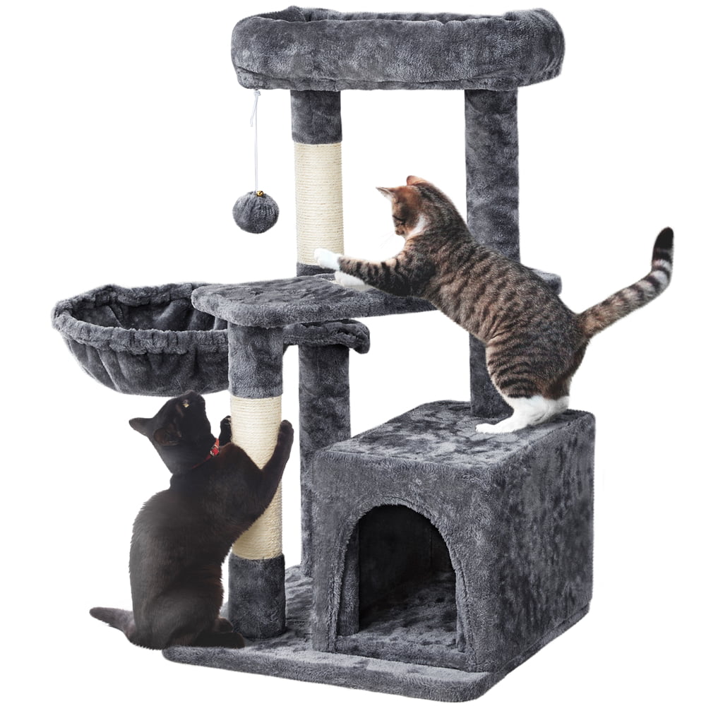 Topeakmart 33'' Cat Tree Condo Scratching Post Tower with Basket Sisal Ropes Posts， Dark Gray