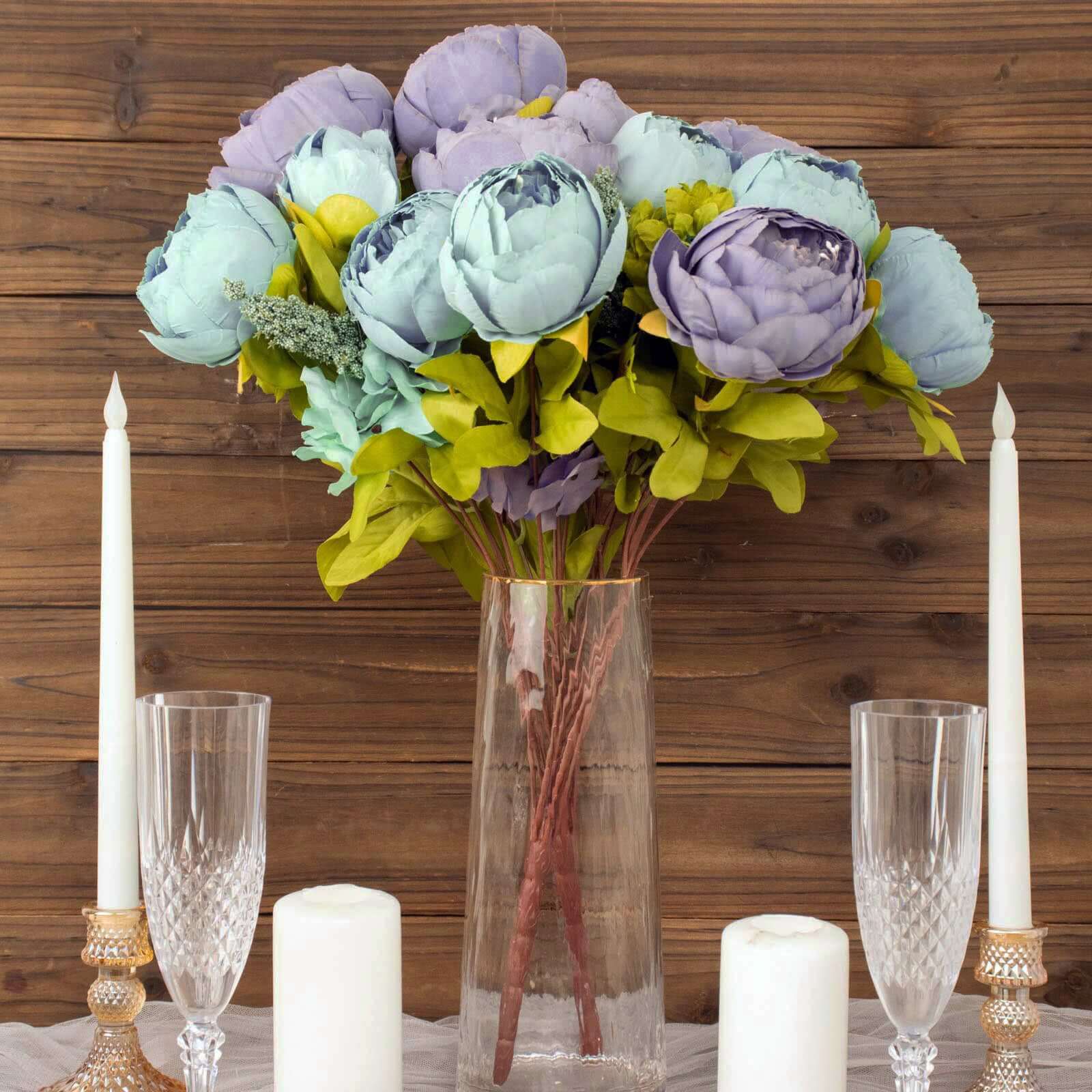 2 Pack Dusty Blue Artificial Peony Flower Wedding Bouquets, Faux Silk Flower Arrangements 19