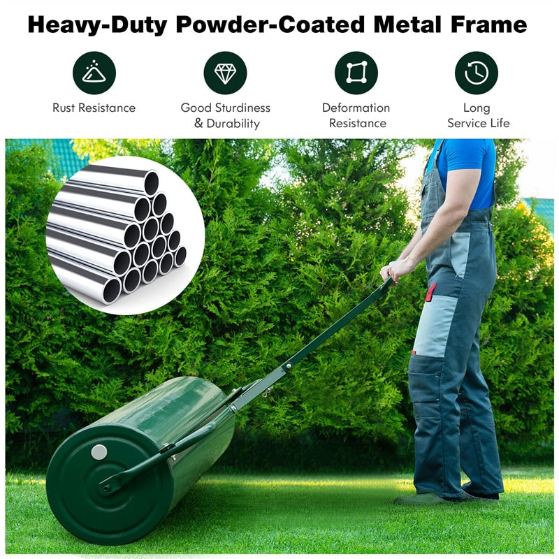 Push/Tow-Behind Lawn Roller with Detachable Handle 30 Gallon Water/Sand-Filled Sod Drum Roller for Garden Yard Park Farm