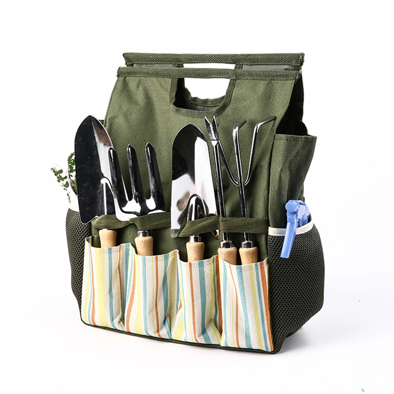 Hand garden tools kit with bag scuppit shovel rake fork and single fork