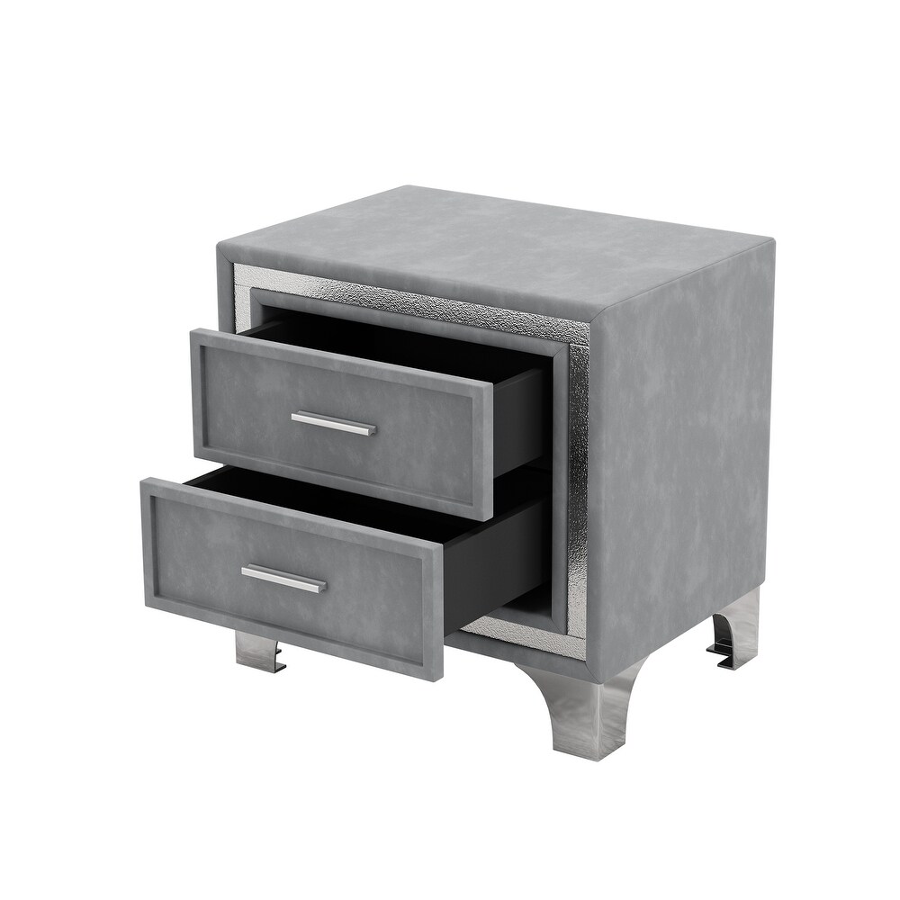 Wood Upholstered Nightstand with 2 Drawers and Metal Legs  Modern Velvet Bedside End Table for Bedroom  Easy Assembly