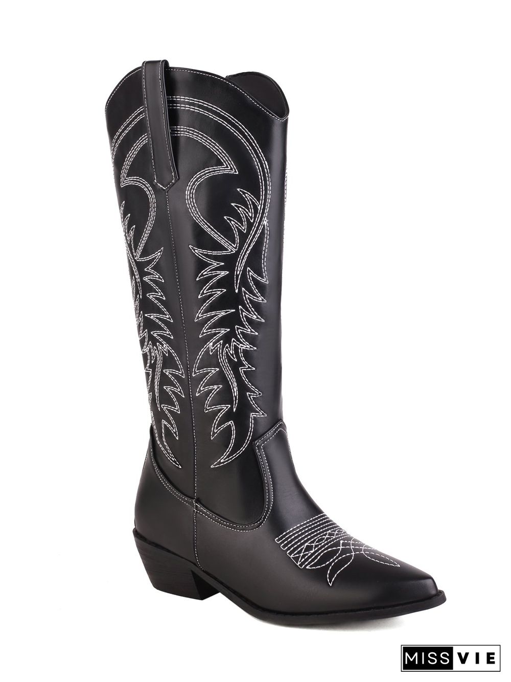 Embroidered Panel Plush Warm Pointed-Toe Cowboy Boots