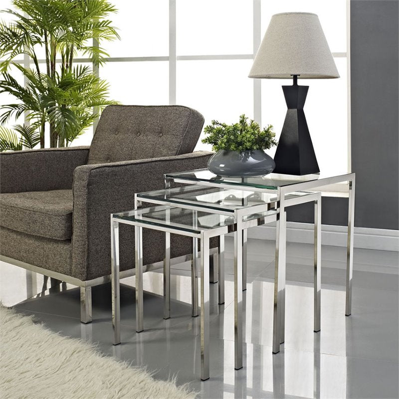 Hawthorne Collection 3 Piece Glass Top Nesting Table Set in Silver