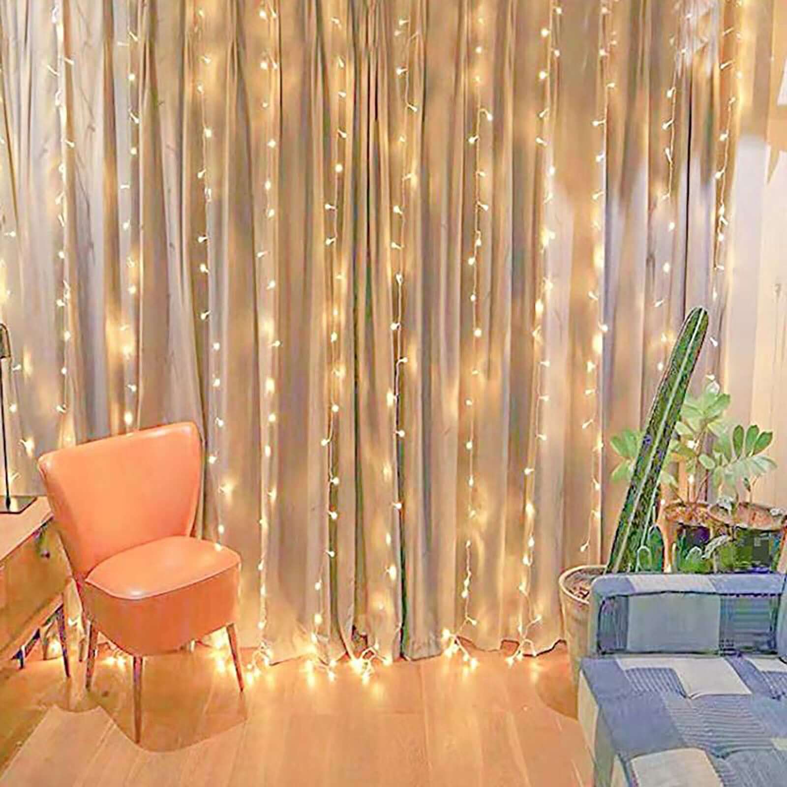 Warm White 300 LED Icicle Curtain Fairy String Lights with 8 Modes 10ft