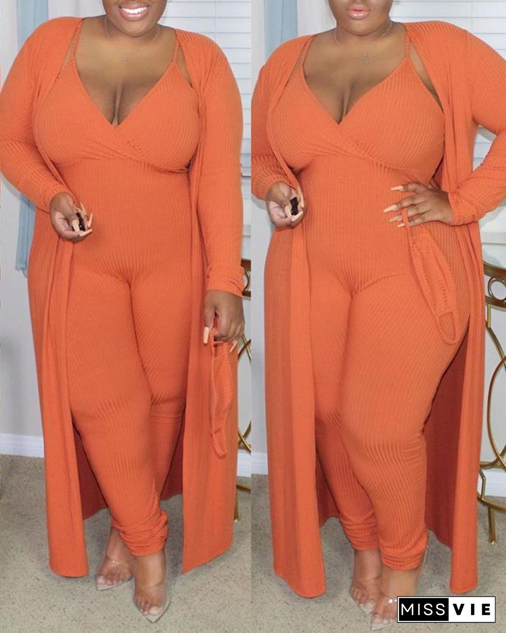 Plus Size Ribbed Plain Crop Top & Pants Set With Coat & Mask