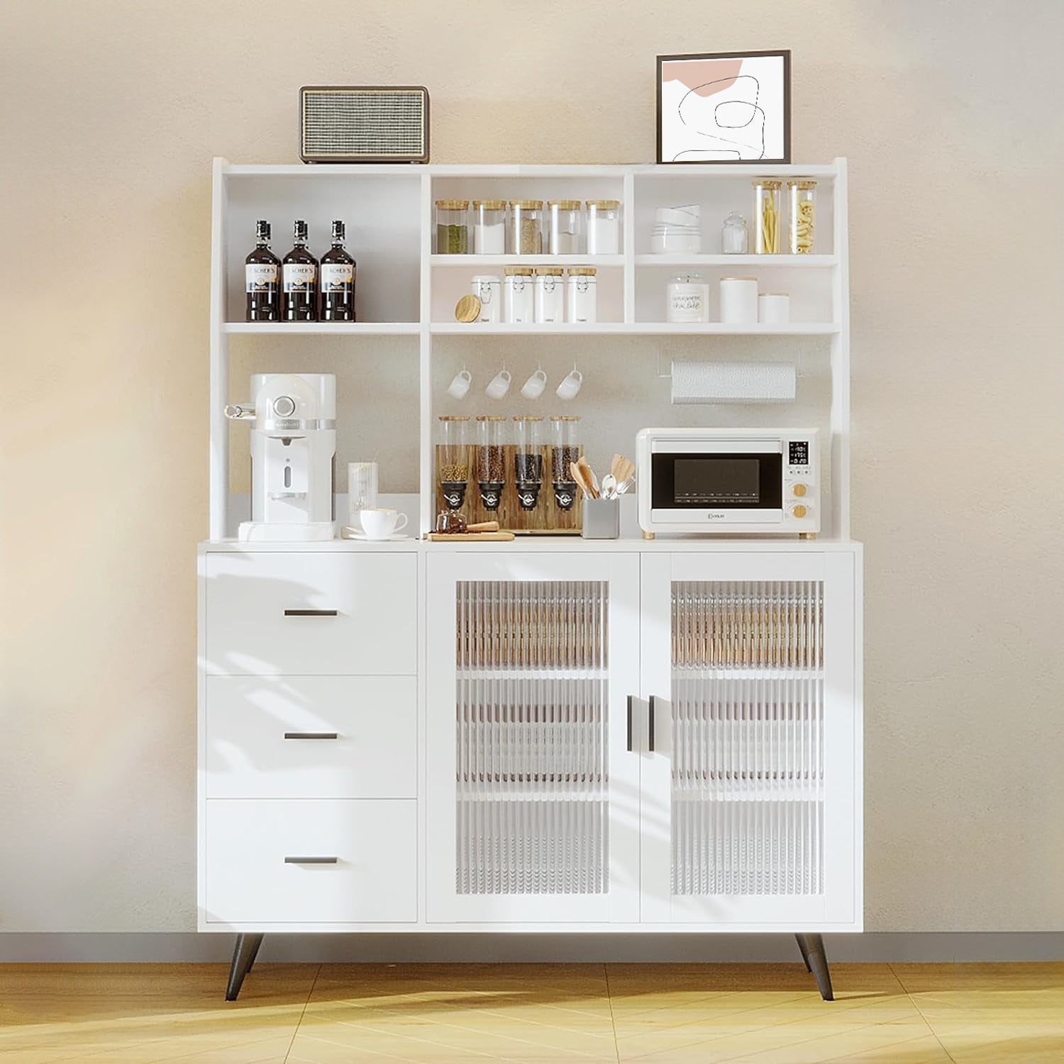 Freestanding Kitchen Sideboard, Kitchen Pantry Cabinet with Microwave Shelf, with Glass Door and 3 Drawers