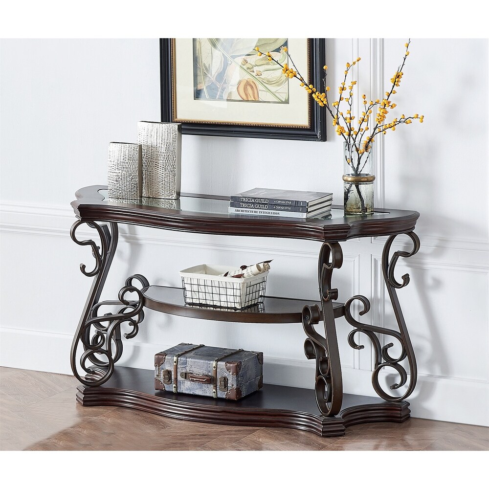 Dark Brown Glass Tabletop Entryway Sofa Table with Shelf