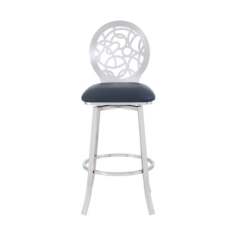 30 Inches Leatherette Barstool with Geometric Backrest， Silver