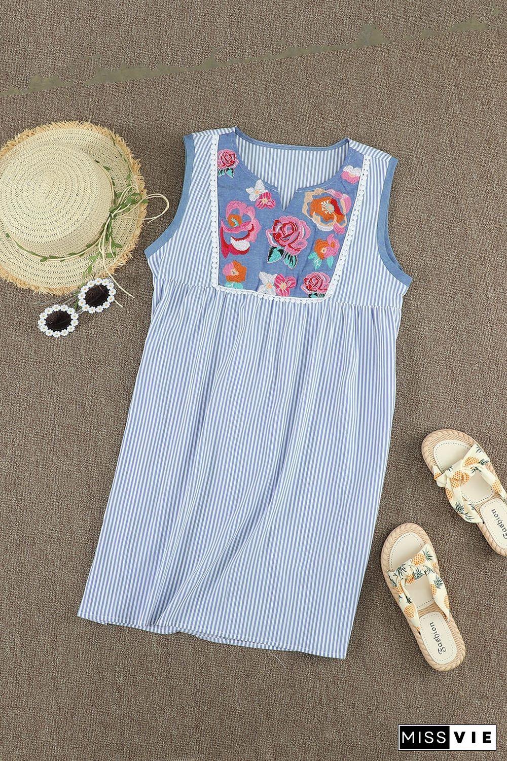 Embroidered Floral Striped Sleeveless Shift Mini Dress