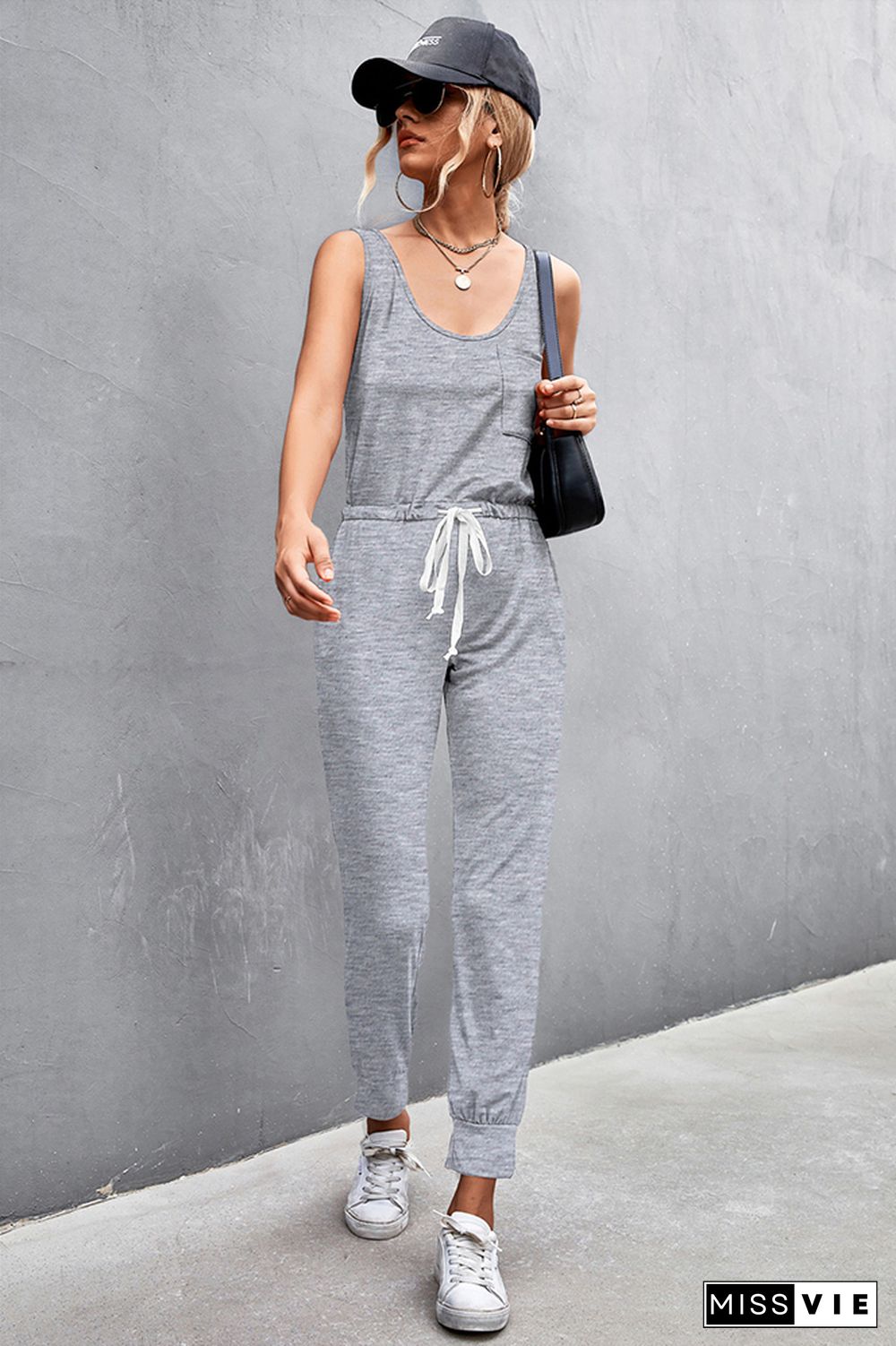 Strap U Neck Sleeveless Drawstring Waist Jumpsuit Wholesale