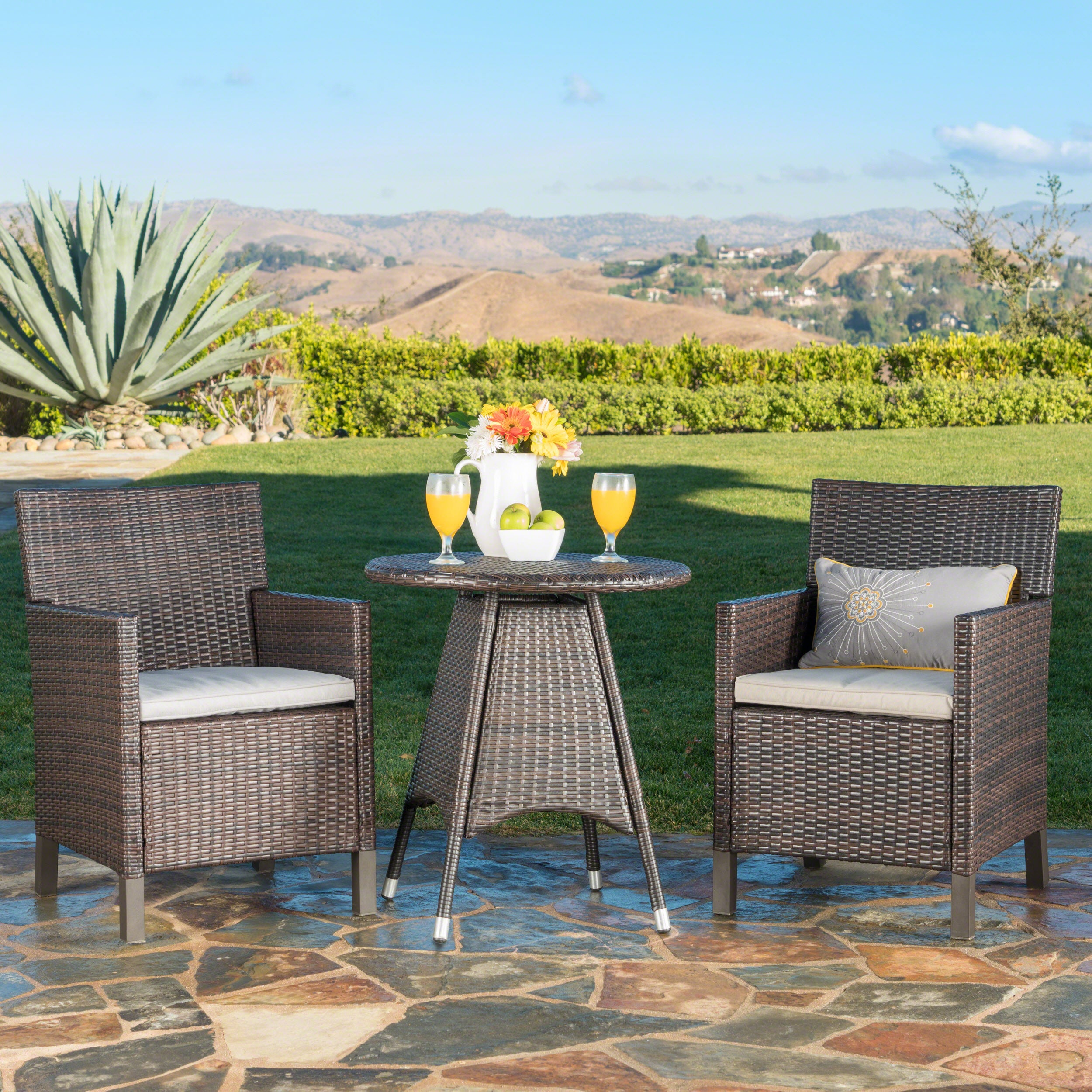 Shiny Outdoor 3 Piece Multibrown Wicker Round Dining Set with Light Brown Water Resistant Cushions