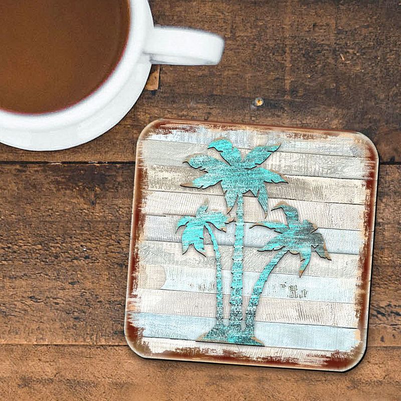 Palm Trees Coastal Wooden Cork Coasters Gift Set of 4 by Nature Wonders