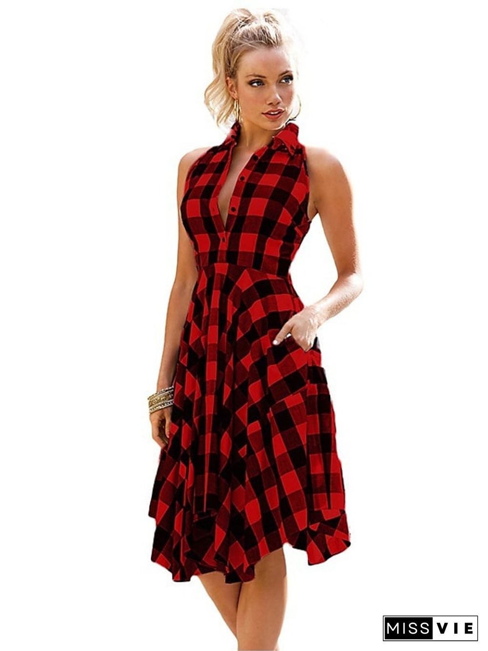 Women Black White Plaid Checks Dress Sleeveless Irregular Pleated Shirt Dress S