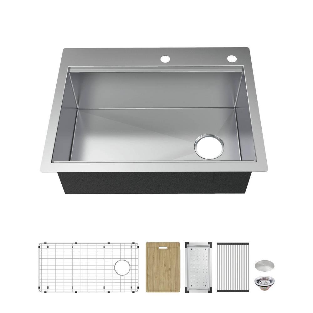 Glacier Bay Professional 33 in. Drop-In 16G Stainless Steel 2-Hole Single Bowl Workstation Kitchen Sink with Accessories FSD1Z3322A1ACC