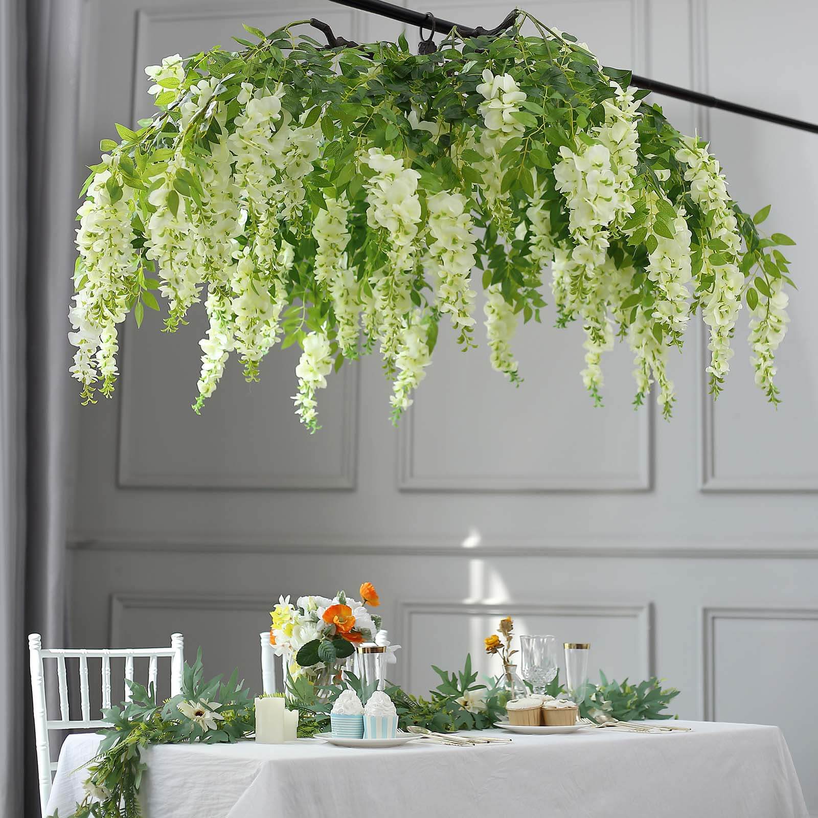 Cream Artificial Silk Wisteria Vine Round Hanging Canopy, Draping Garland Flower Chandelier With Interchangeable Branches 55