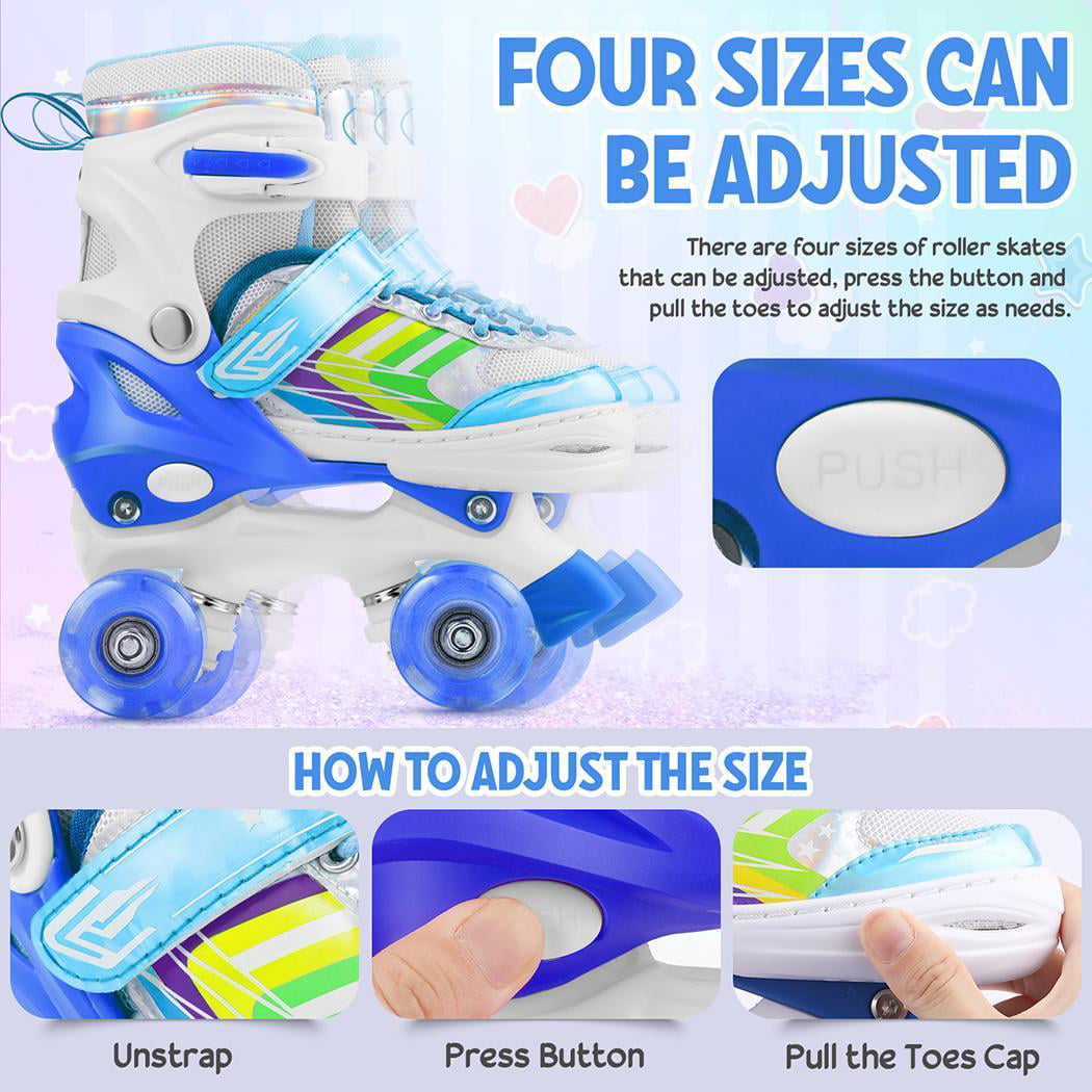 4 Size Adjustable Kids Roller Skates， Double Row Skates with Light up Wheels， for Boys， Girls， Beginners， Blue