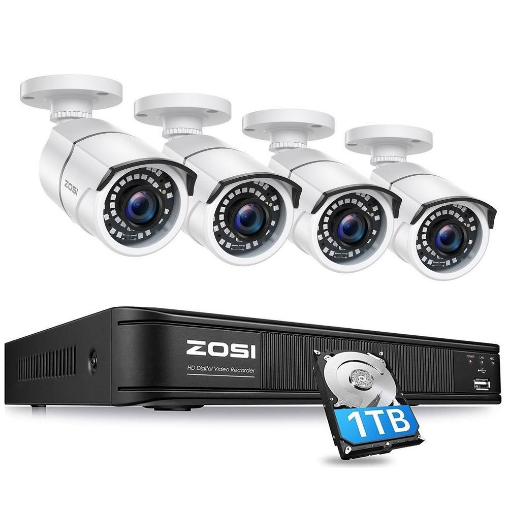 ZOSI 8 Channel 5MP-Lite 1TB DVR OutdoorIndoor Security Camera System with 4 1080p Wired Bullet Cameras 8VM-261W4S-10-US