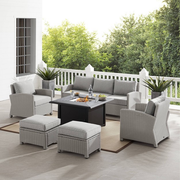 Bradenton 6pc Outdoor Wicker Sofa And Arm Chair Seating Set With Dante Fire Table And 2 Ottomans Gray gray Crosley