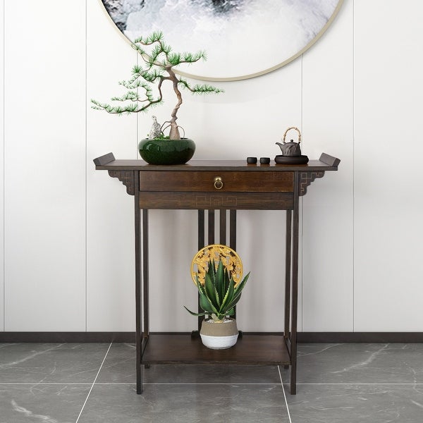 2 Tiers Bamboo Console Table Entryway Hallway with 1 Drawer