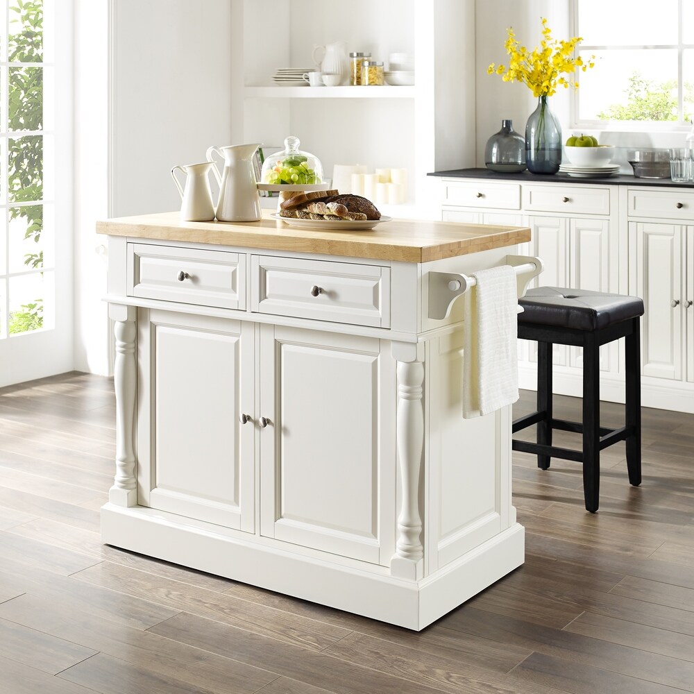 Crosley Oxford White Finish Butcher Block Top Kitchen Island with 2 Stools   23\